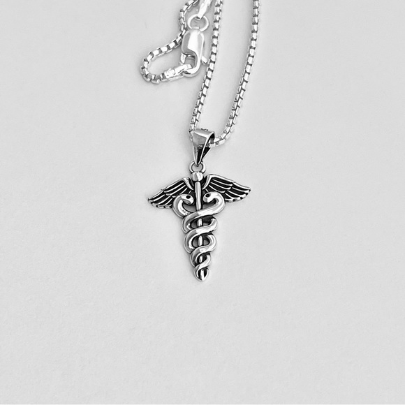 Sterling Silver Caduceus Necklace, Doctor/Nurse Jewelry, Snake Chain, EMT Chains - Picture 3 of 12